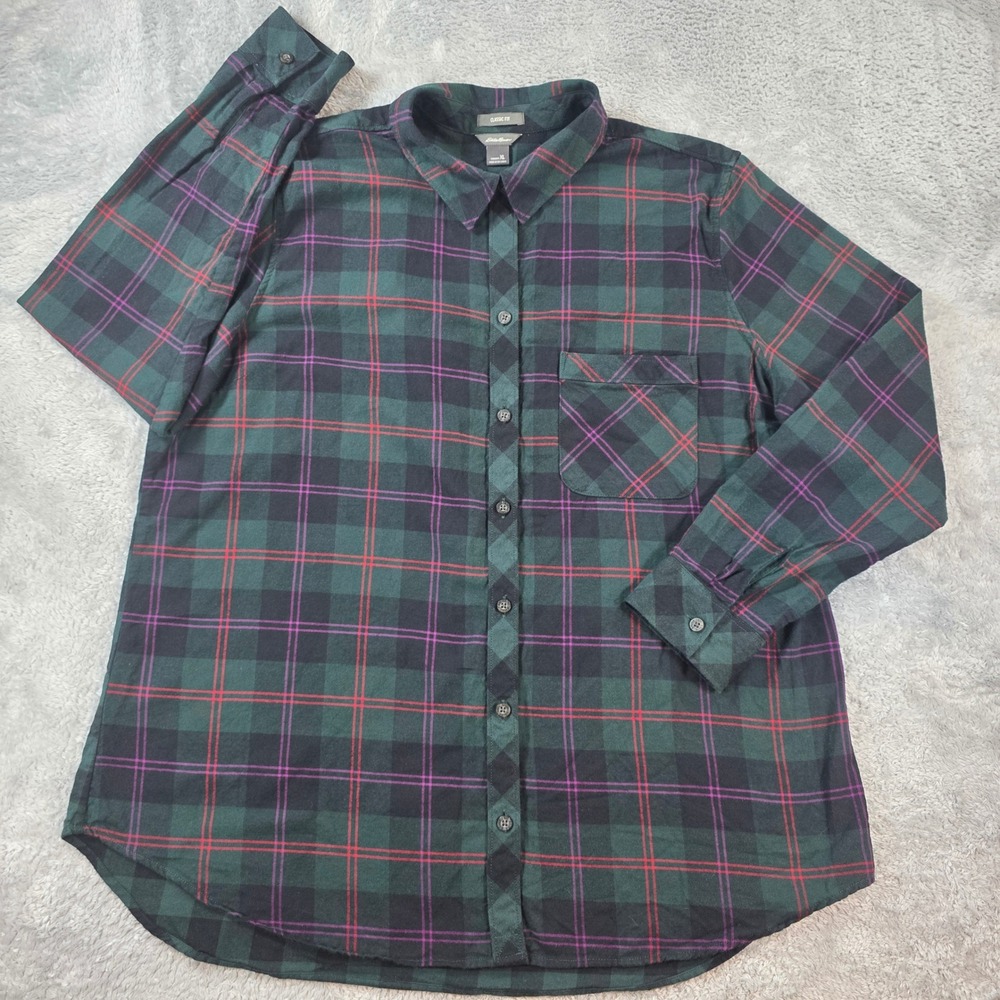 Eddie Bauer Plaid Flannel Button Down Shirt Green XL Womens Classic Fit Outdoors
